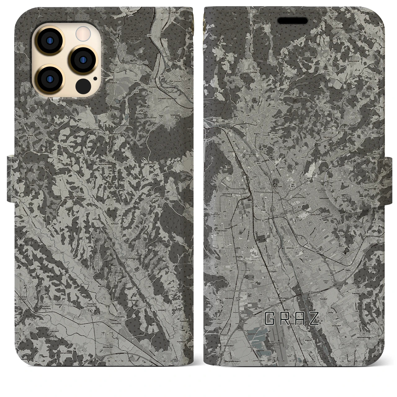 【グラーツ(オーストリア)】地図柄iPhoneケース(手帳タイプ)モノトーン・iPhone 12 Pro Max 用