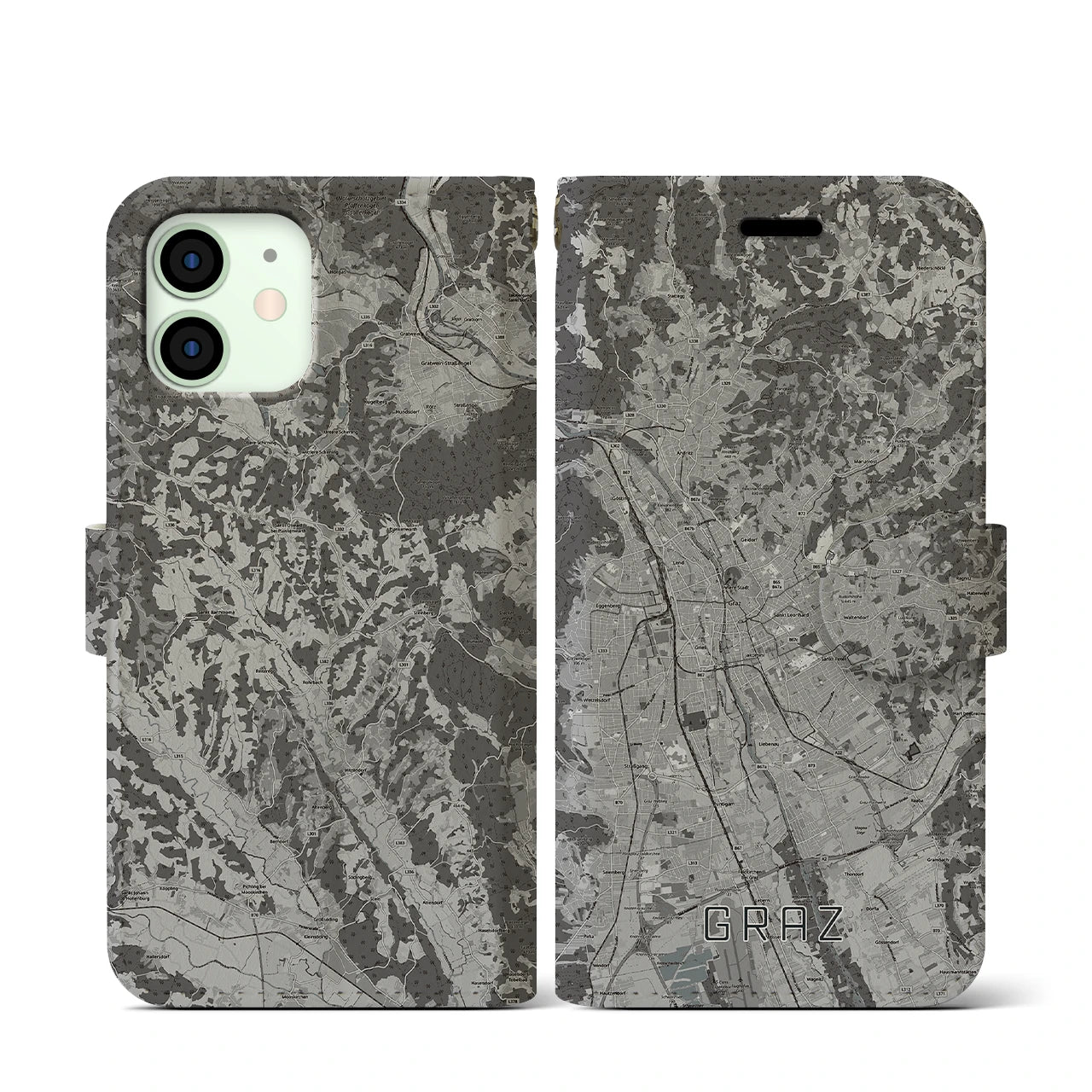 【グラーツ(オーストリア)】地図柄iPhoneケース(手帳タイプ)モノトーン・iPhone 12 mini 用