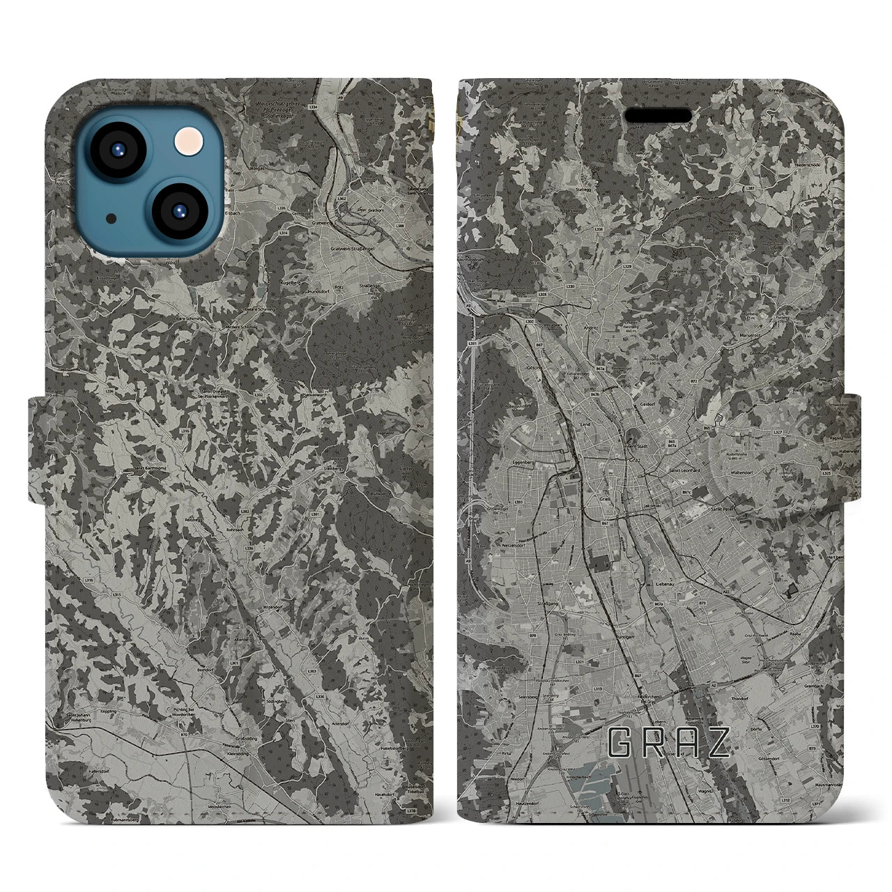【グラーツ(オーストリア)】地図柄iPhoneケース(手帳タイプ)モノトーン・iPhone 13 用