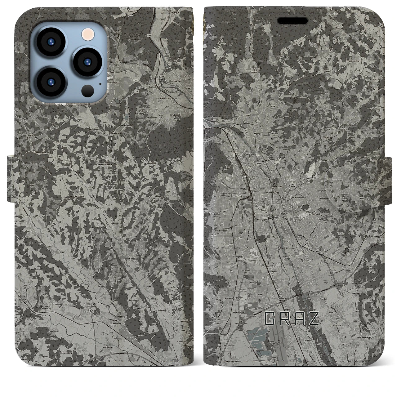 【グラーツ(オーストリア)】地図柄iPhoneケース(手帳タイプ)モノトーン・iPhone 13 Pro Max 用