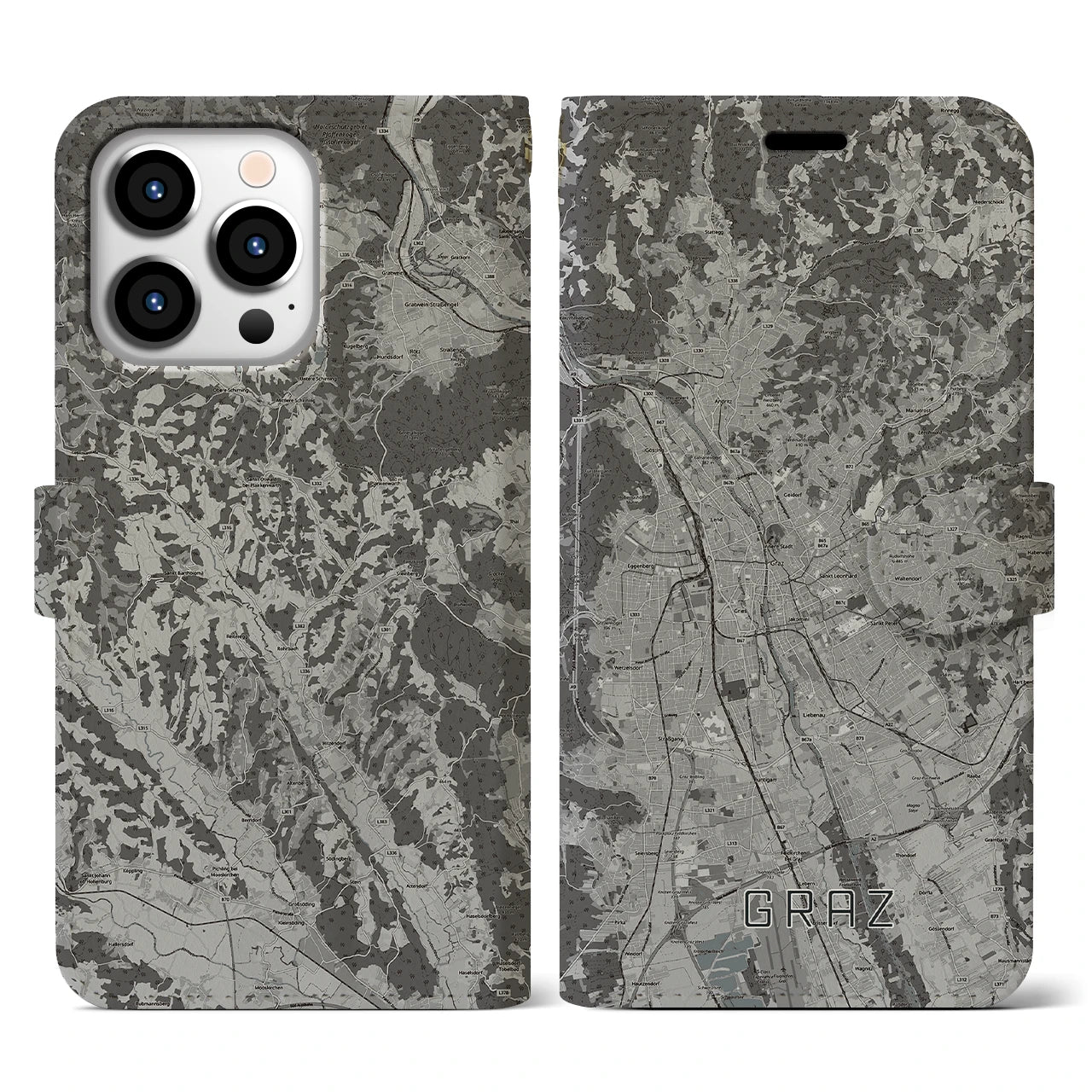 【グラーツ(オーストリア)】地図柄iPhoneケース(手帳タイプ)モノトーン・iPhone 13 Pro 用