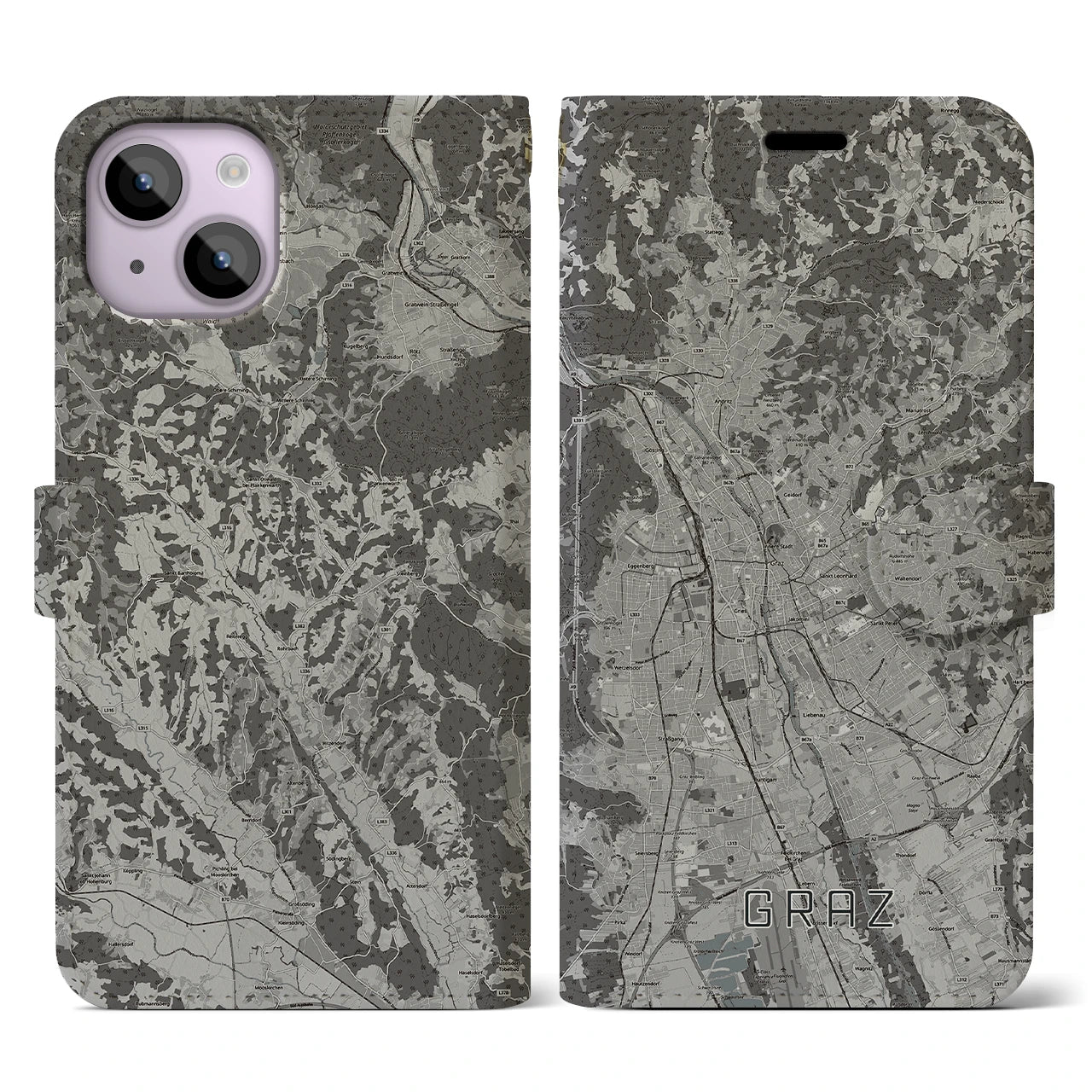 【グラーツ(オーストリア)】地図柄iPhoneケース(手帳タイプ)モノトーン・iPhone 14 用