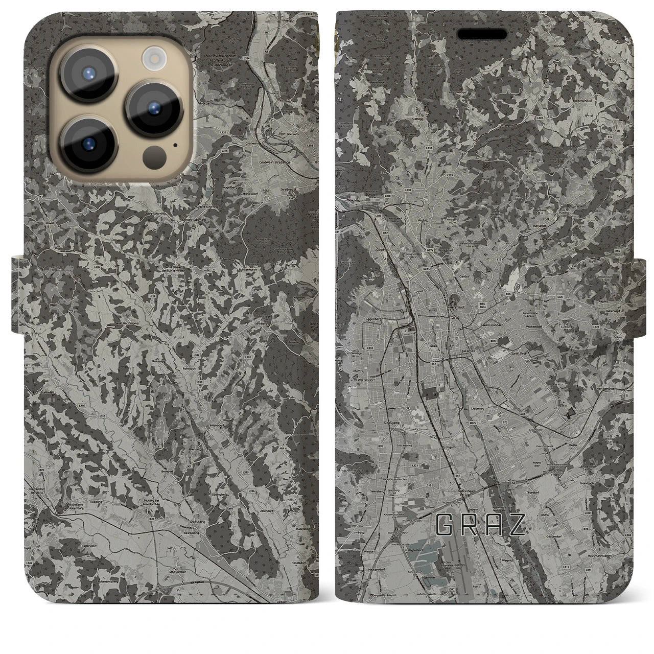 【グラーツ(オーストリア)】地図柄iPhoneケース(手帳タイプ)モノトーン・iPhone 14 Pro Max 用