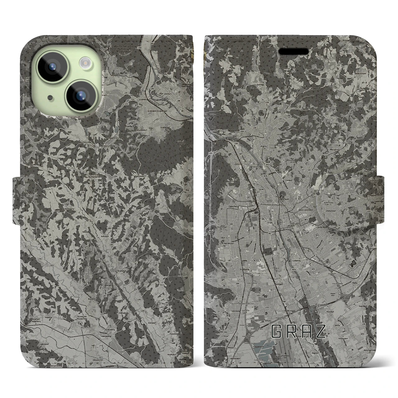 【グラーツ(オーストリア)】地図柄iPhoneケース(手帳タイプ)モノトーン・iPhone 15 用