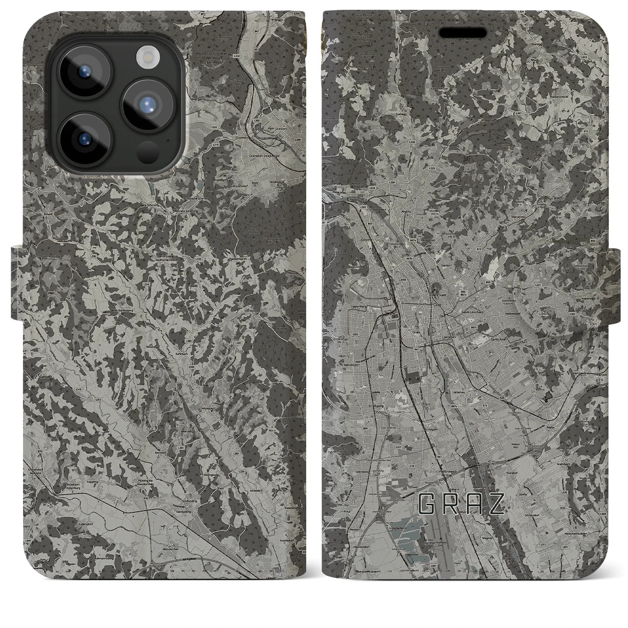 【グラーツ(オーストリア)】地図柄iPhoneケース(手帳タイプ)モノトーン・iPhone 15 Pro Max 用