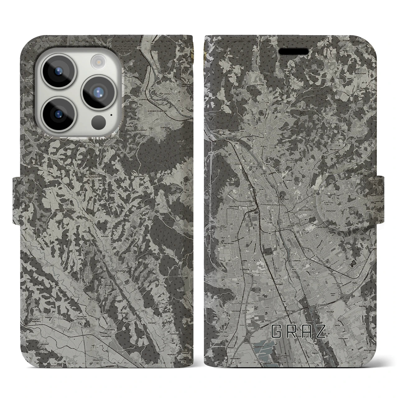 【グラーツ(オーストリア)】地図柄iPhoneケース(手帳タイプ)モノトーン・iPhone 15 Pro 用