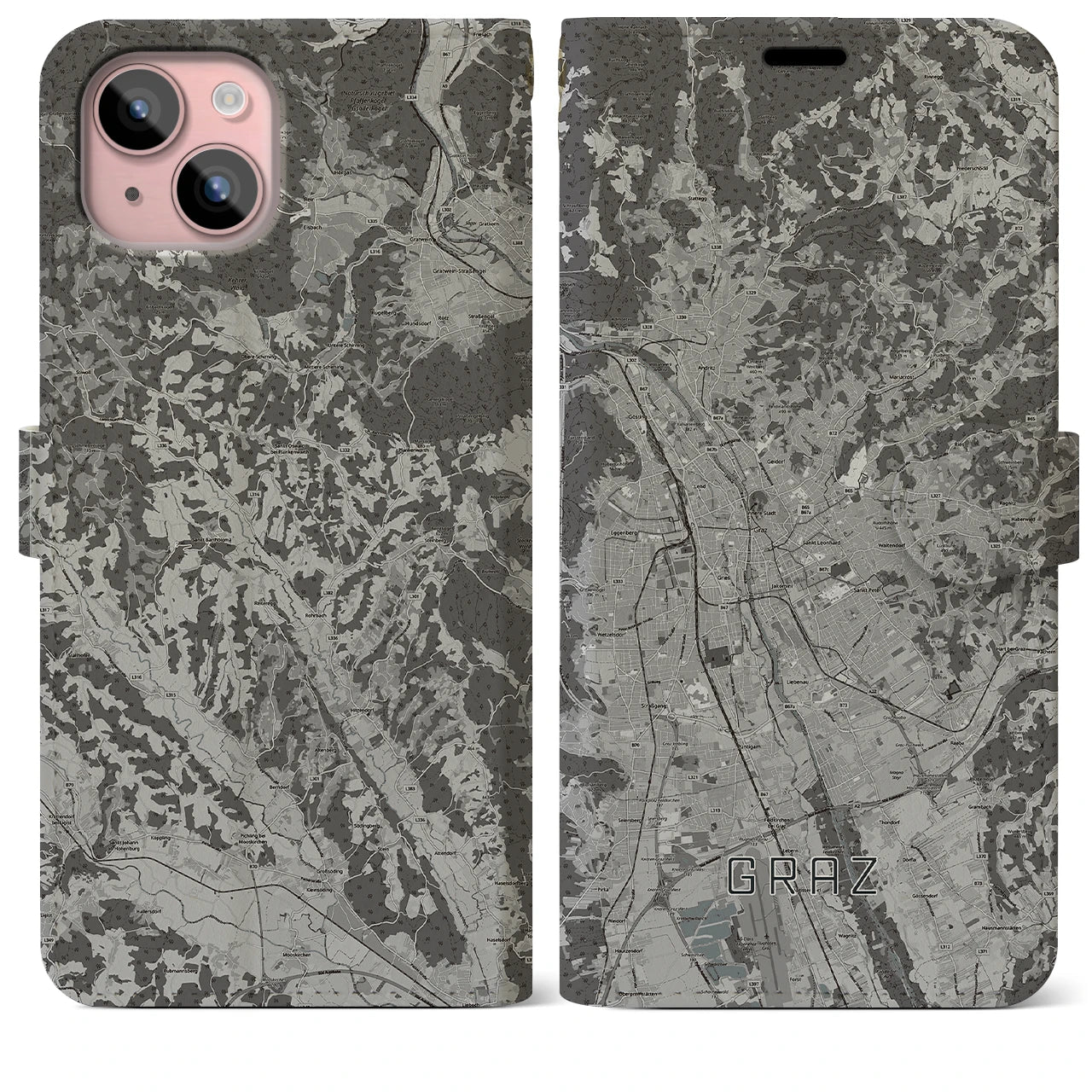 【グラーツ(オーストリア)】地図柄iPhoneケース(手帳タイプ)モノトーン・iPhone 15 Plus 用