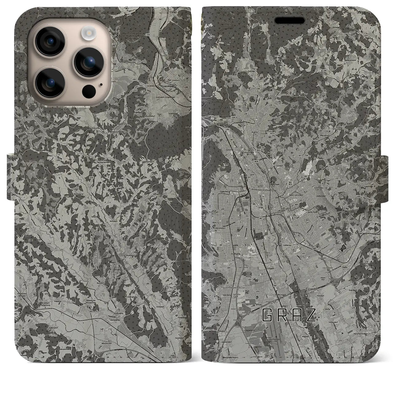 【グラーツ(オーストリア)】地図柄iPhoneケース(手帳タイプ)モノトーン・iPhone 16 Plus 用