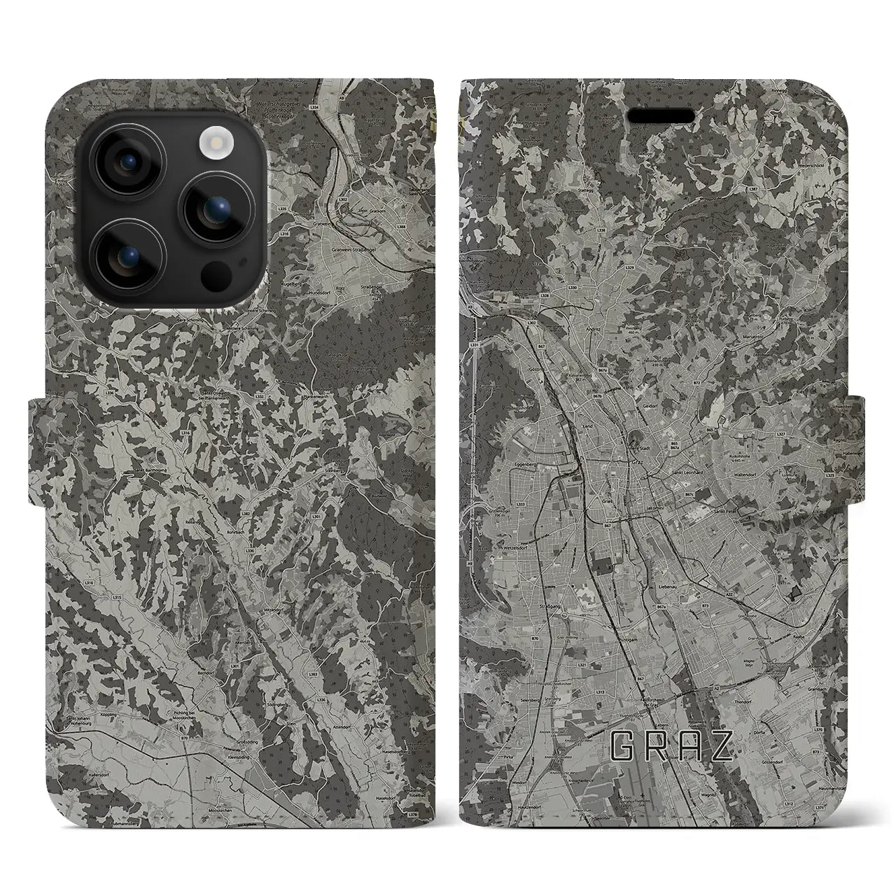 【グラーツ(オーストリア)】地図柄iPhoneケース(手帳タイプ)モノトーン・iPhone 16 用