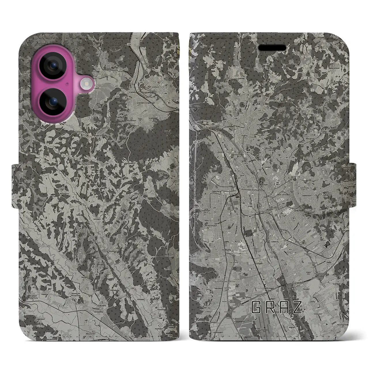 【グラーツ(オーストリア)】地図柄iPhoneケース(手帳タイプ)モノトーン・iPhone 16 Pro 用