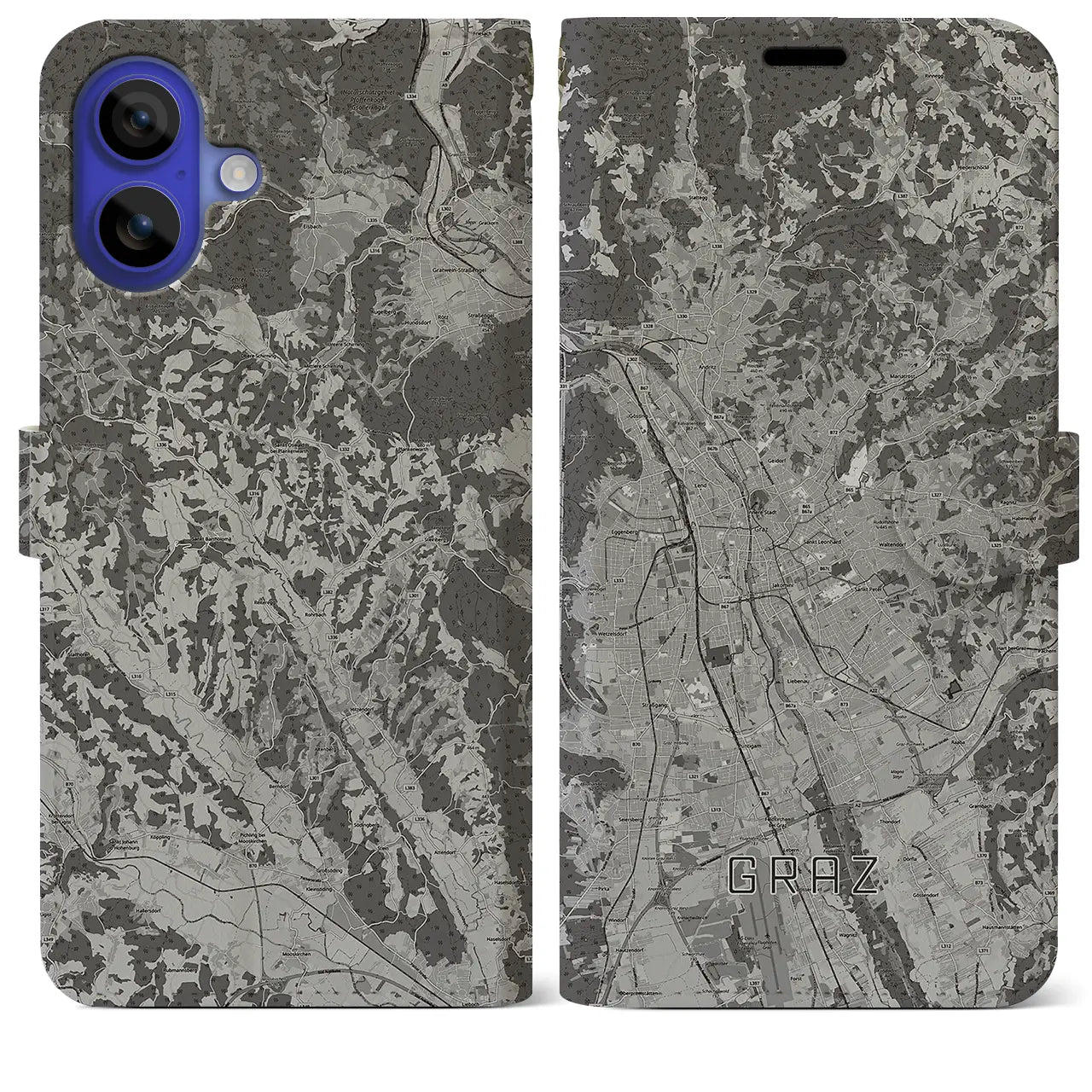 【グラーツ(オーストリア)】地図柄iPhoneケース(手帳タイプ)モノトーン・iPhone 16 Pro Max 用