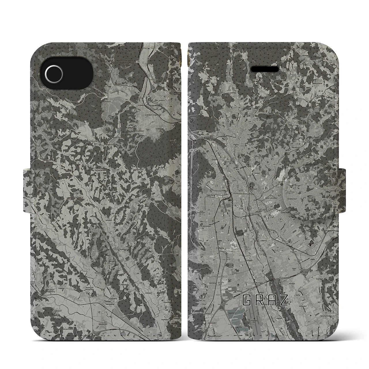 【グラーツ(オーストリア)】地図柄iPhoneケース(手帳タイプ)モノトーン・iPhone SE(第3 / 第2世代) / 8 / 7 / 6s / 6 用