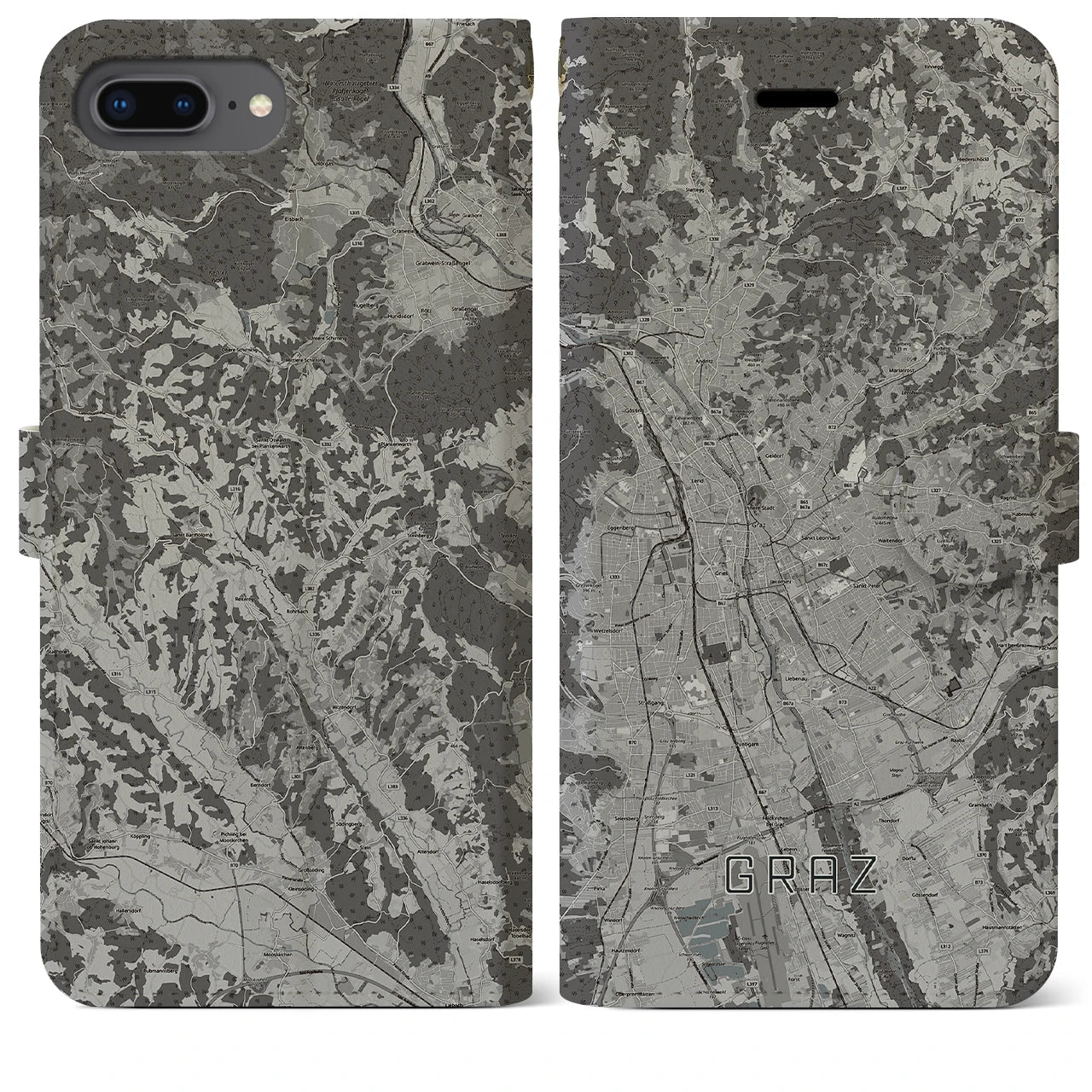 【グラーツ(オーストリア)】地図柄iPhoneケース(手帳タイプ)モノトーン・iPhone 8Plus /7Plus / 6sPlus / 6Plus 用