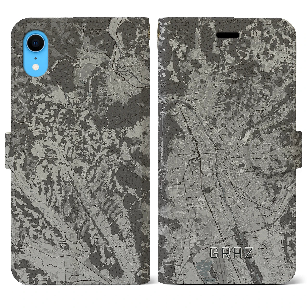 【グラーツ(オーストリア)】地図柄iPhoneケース(手帳タイプ)モノトーン・iPhone XR 用