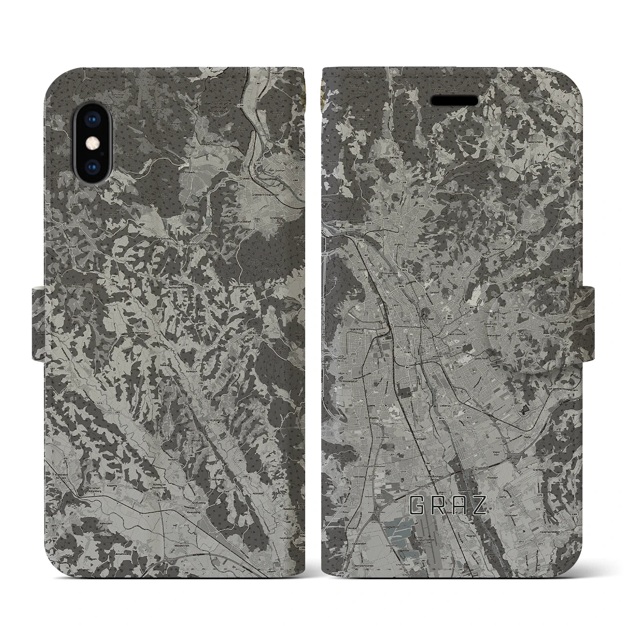 【グラーツ(オーストリア)】地図柄iPhoneケース(手帳タイプ)モノトーン・iPhone XS / X 用