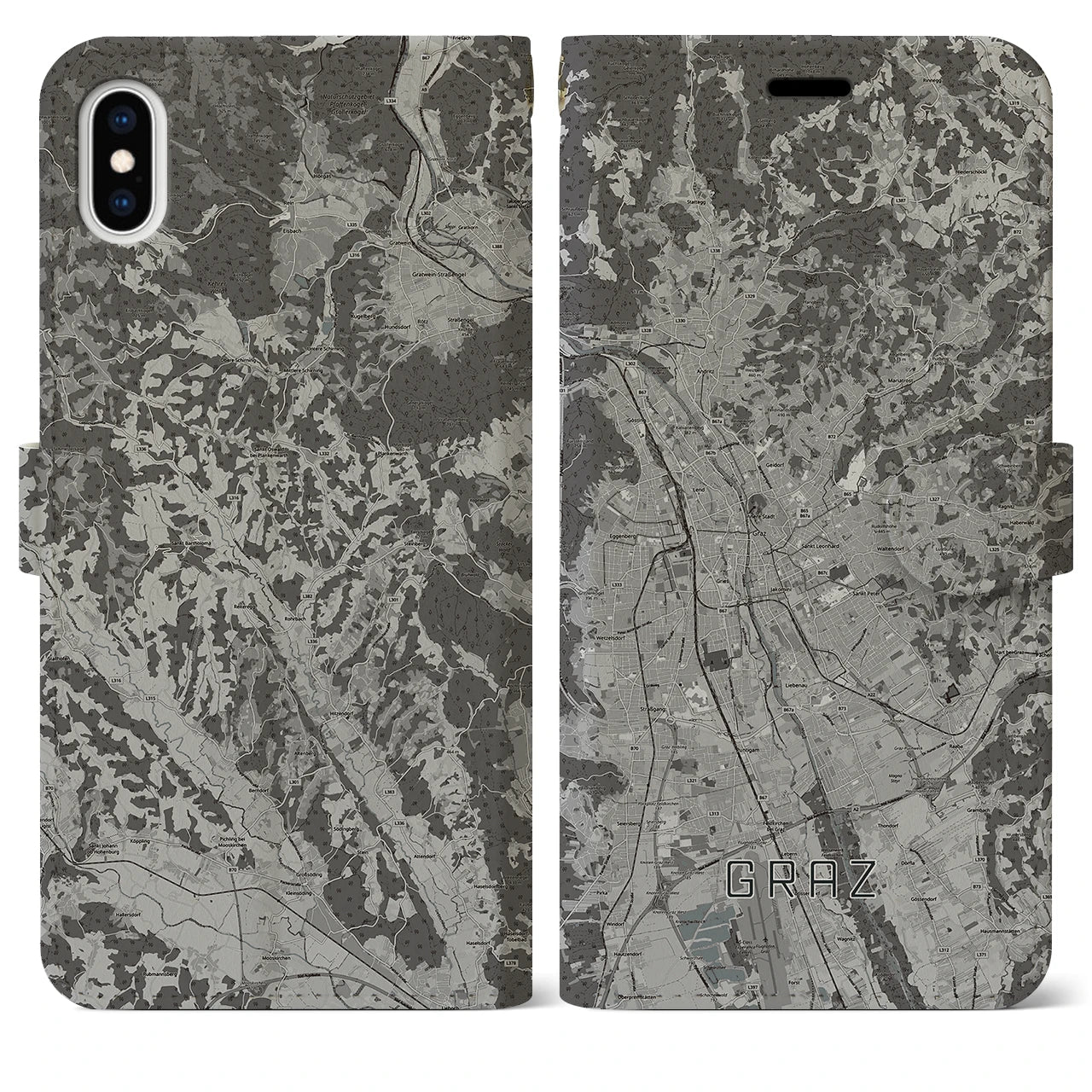 【グラーツ(オーストリア)】地図柄iPhoneケース(手帳タイプ)モノトーン・iPhone XS Max 用