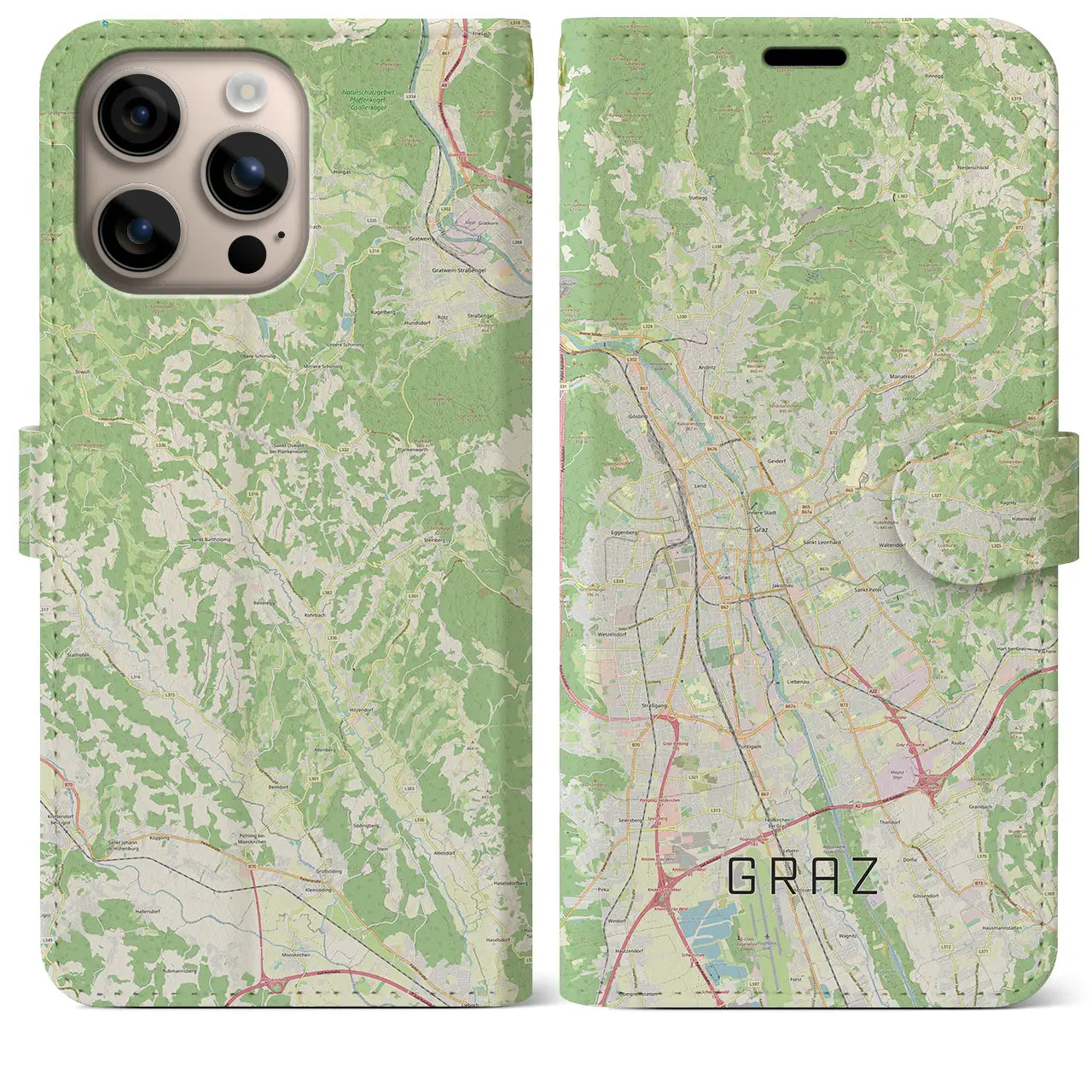 【グラーツ(オーストリア)】地図柄iPhoneケース(手帳タイプ)ナチュラル・iPhone 16 Plus 用