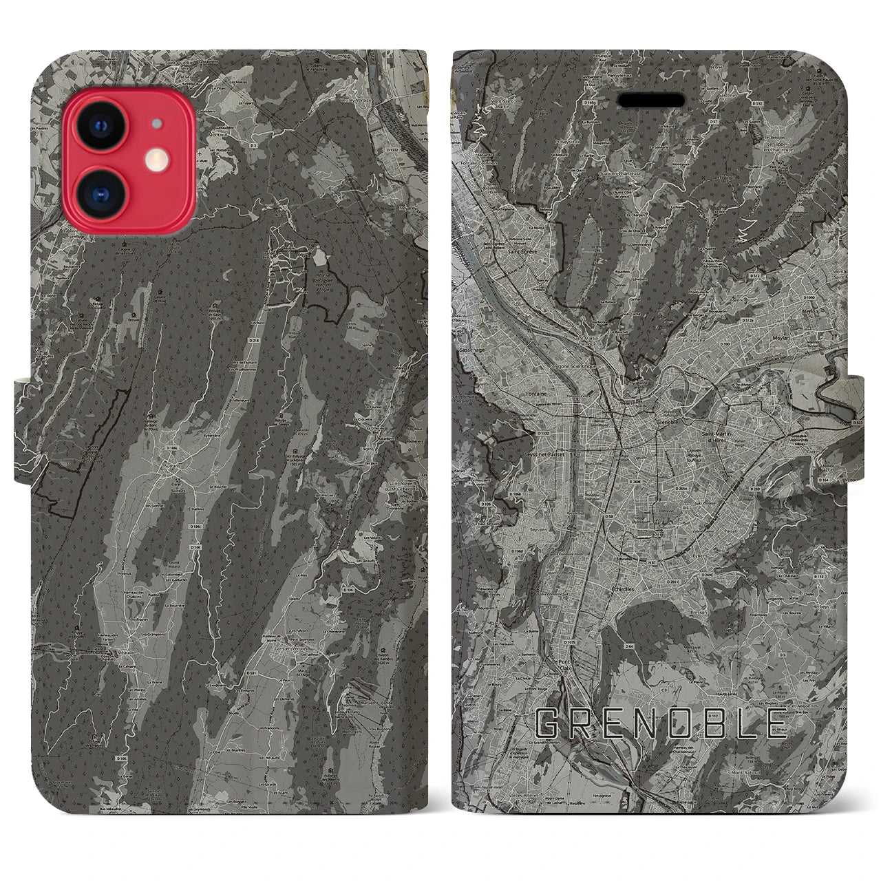 【グルノーブル(フランス)】地図柄iPhoneケース(手帳タイプ)モノトーン・iPhone 11 用