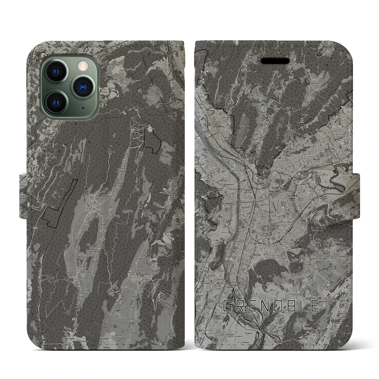【グルノーブル(フランス)】地図柄iPhoneケース(手帳タイプ)モノトーン・iPhone 11 Pro 用