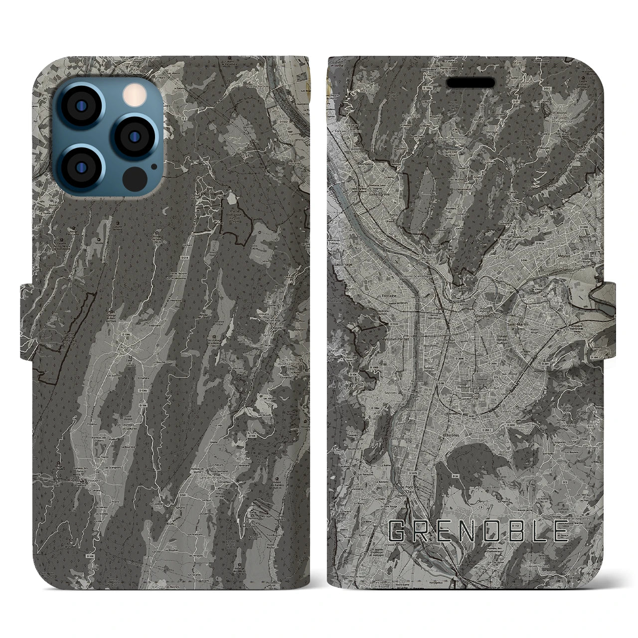 【グルノーブル(フランス)】地図柄iPhoneケース(手帳タイプ)モノトーン・iPhone 12 / 12 Pro 用