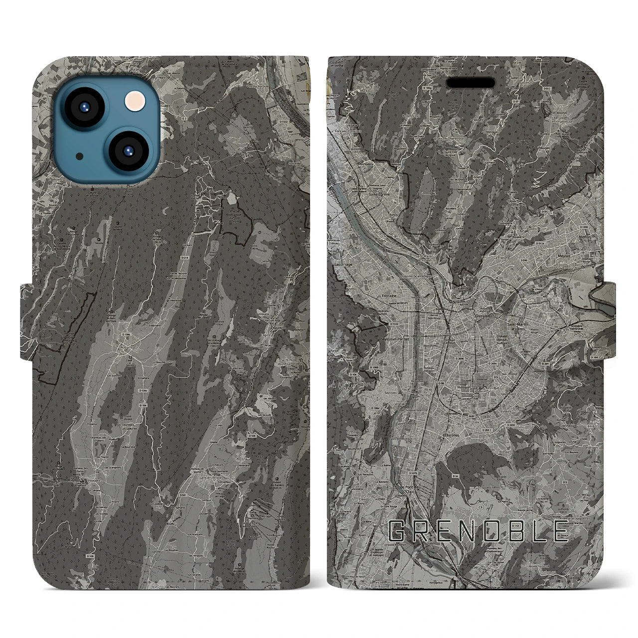 【グルノーブル(フランス)】地図柄iPhoneケース(手帳タイプ)モノトーン・iPhone 13 用