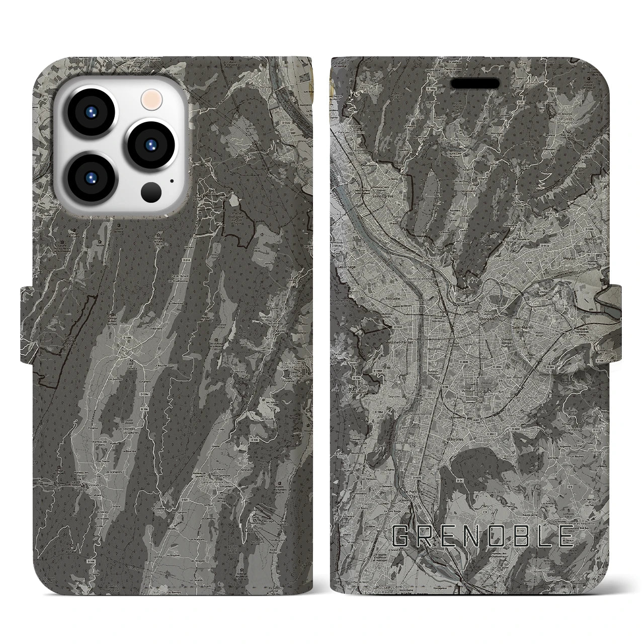 【グルノーブル(フランス)】地図柄iPhoneケース(手帳タイプ)モノトーン・iPhone 13 Pro 用