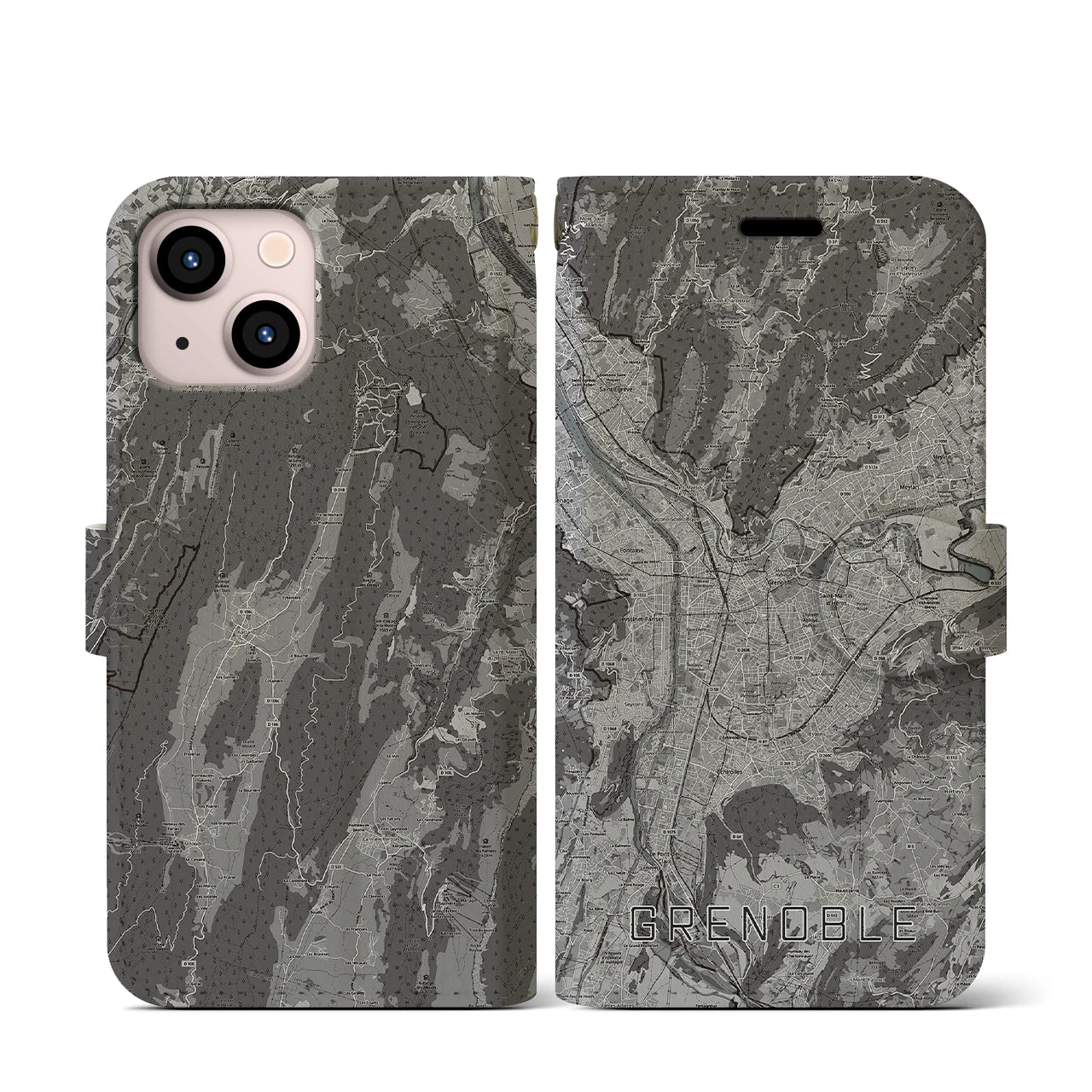 【グルノーブル(フランス)】地図柄iPhoneケース(手帳タイプ)モノトーン・iPhone 13 mini 用