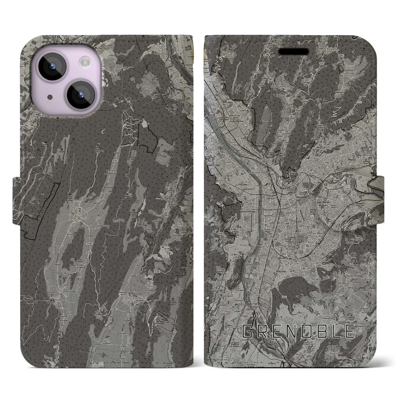 【グルノーブル(フランス)】地図柄iPhoneケース(手帳タイプ)モノトーン・iPhone 14 用