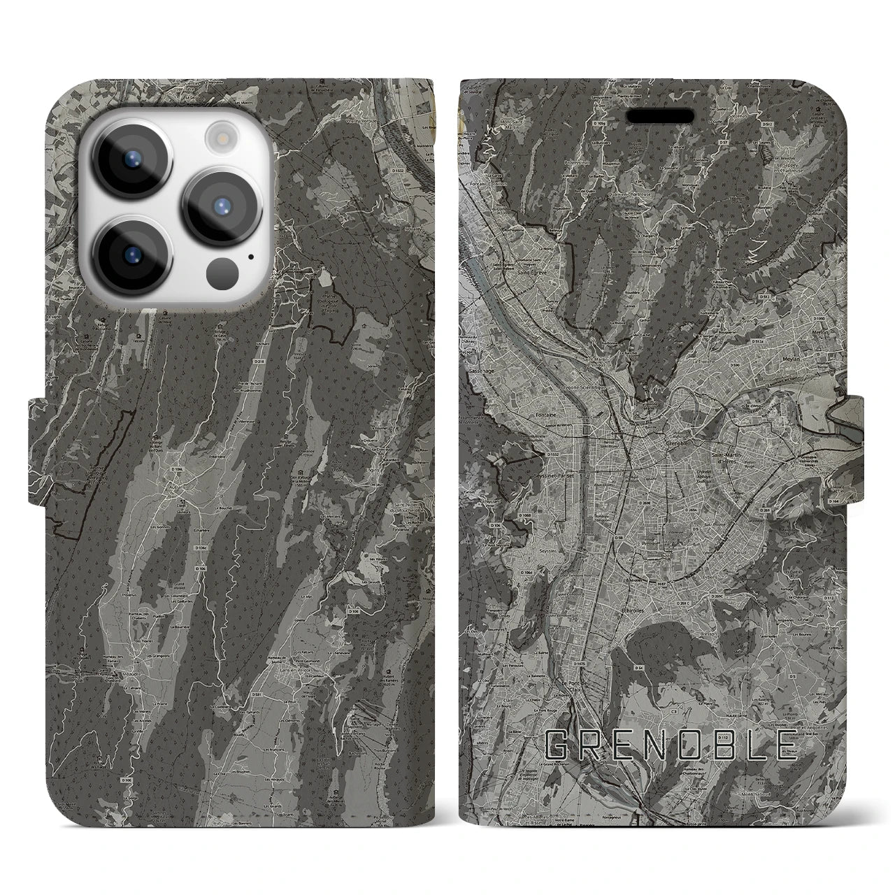 【グルノーブル(フランス)】地図柄iPhoneケース(手帳タイプ)モノトーン・iPhone 14 Pro 用