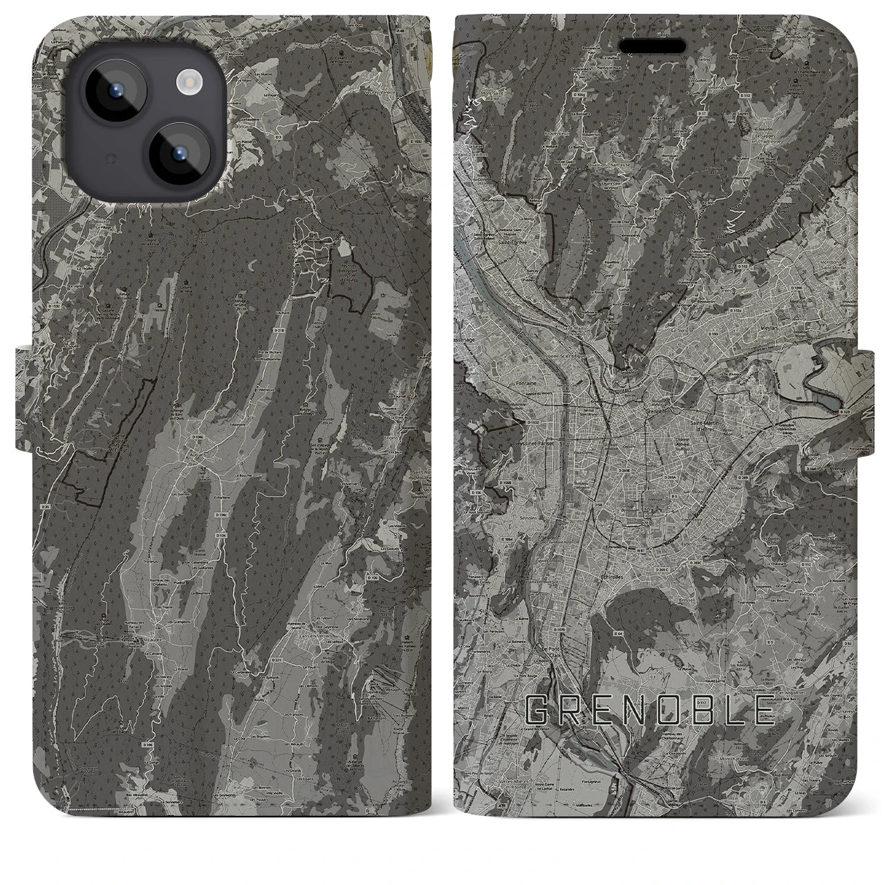 【グルノーブル(フランス)】地図柄iPhoneケース(手帳タイプ)モノトーン・iPhone 14 Plus 用