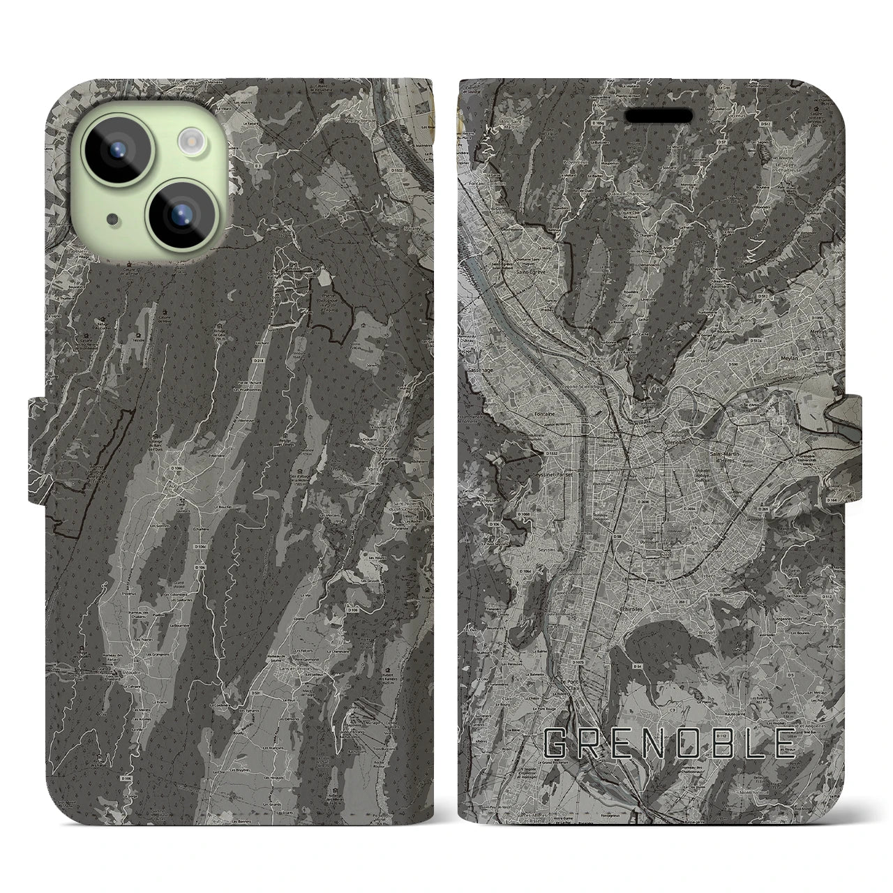 【グルノーブル(フランス)】地図柄iPhoneケース(手帳タイプ)モノトーン・iPhone 15 用