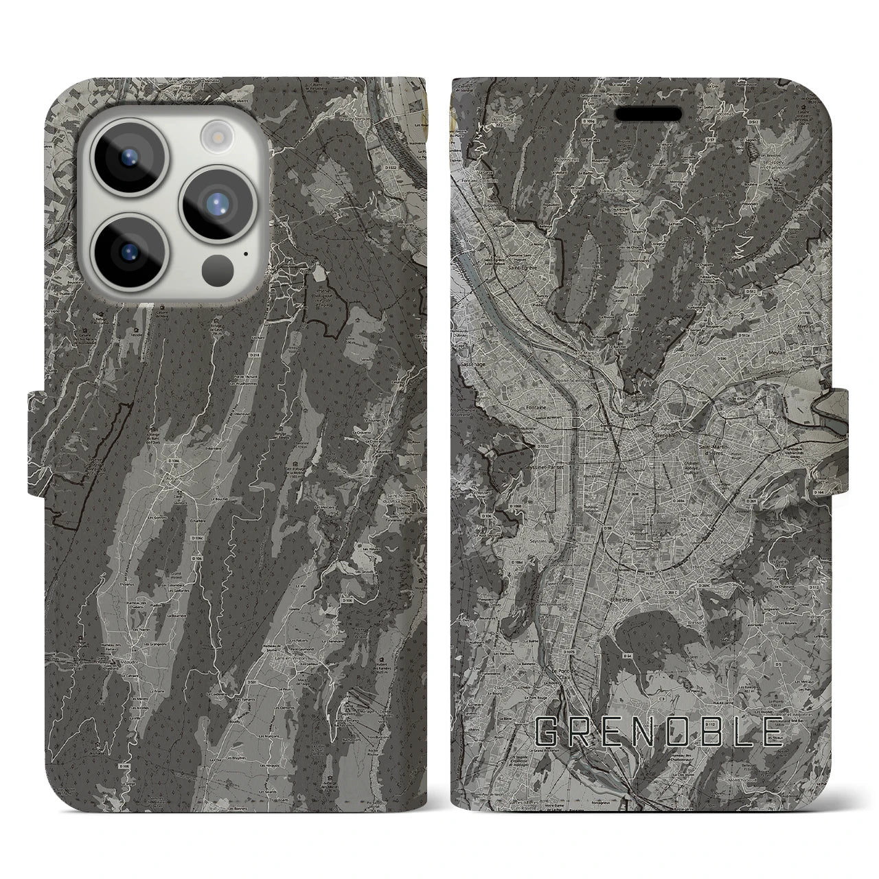 【グルノーブル(フランス)】地図柄iPhoneケース(手帳タイプ)モノトーン・iPhone 15 Pro 用