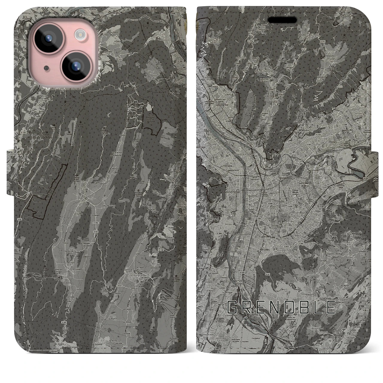 【グルノーブル(フランス)】地図柄iPhoneケース(手帳タイプ)モノトーン・iPhone 15 Plus 用