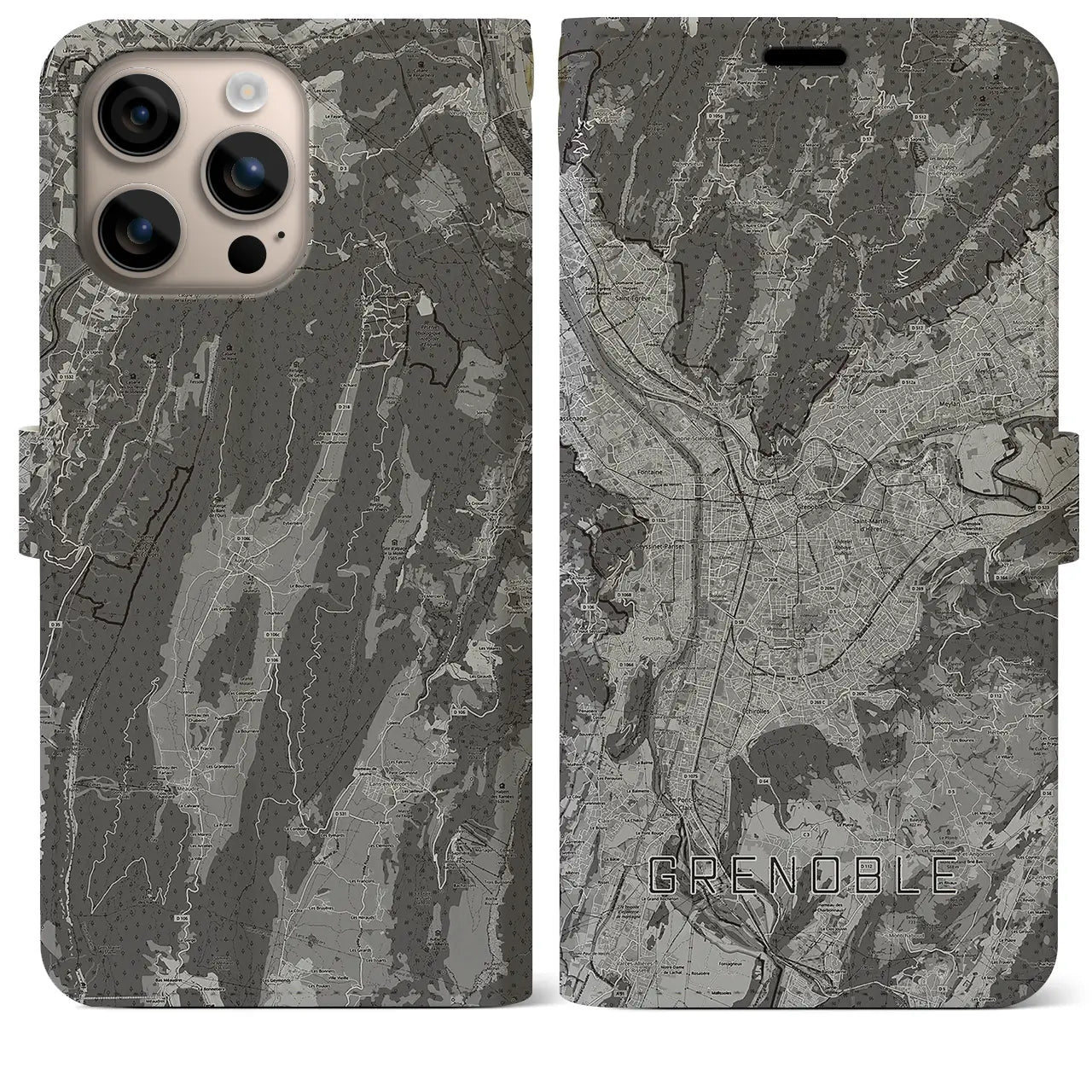 【グルノーブル(フランス)】地図柄iPhoneケース(手帳タイプ)モノトーン・iPhone 16 Plus 用