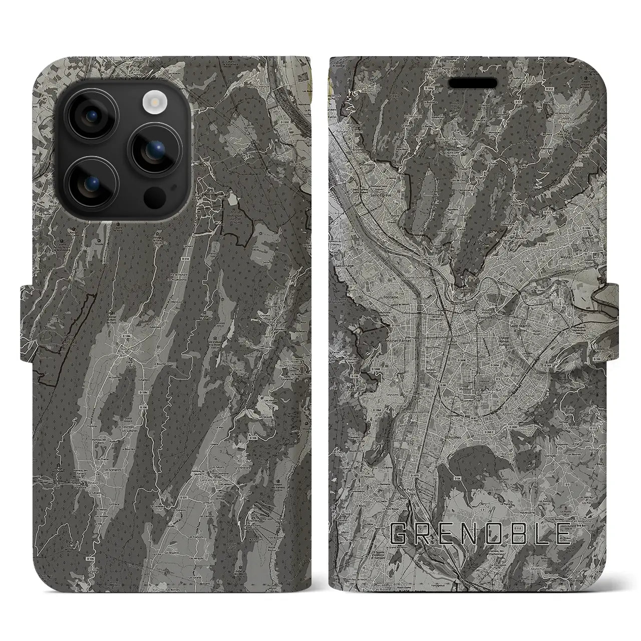 【グルノーブル(フランス)】地図柄iPhoneケース(手帳タイプ)モノトーン・iPhone 16 用