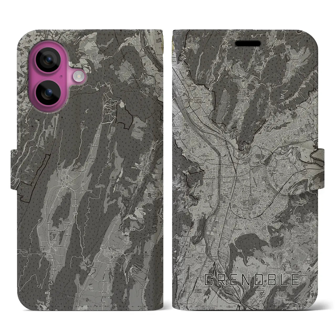 【グルノーブル(フランス)】地図柄iPhoneケース(手帳タイプ)モノトーン・iPhone 16 Pro 用