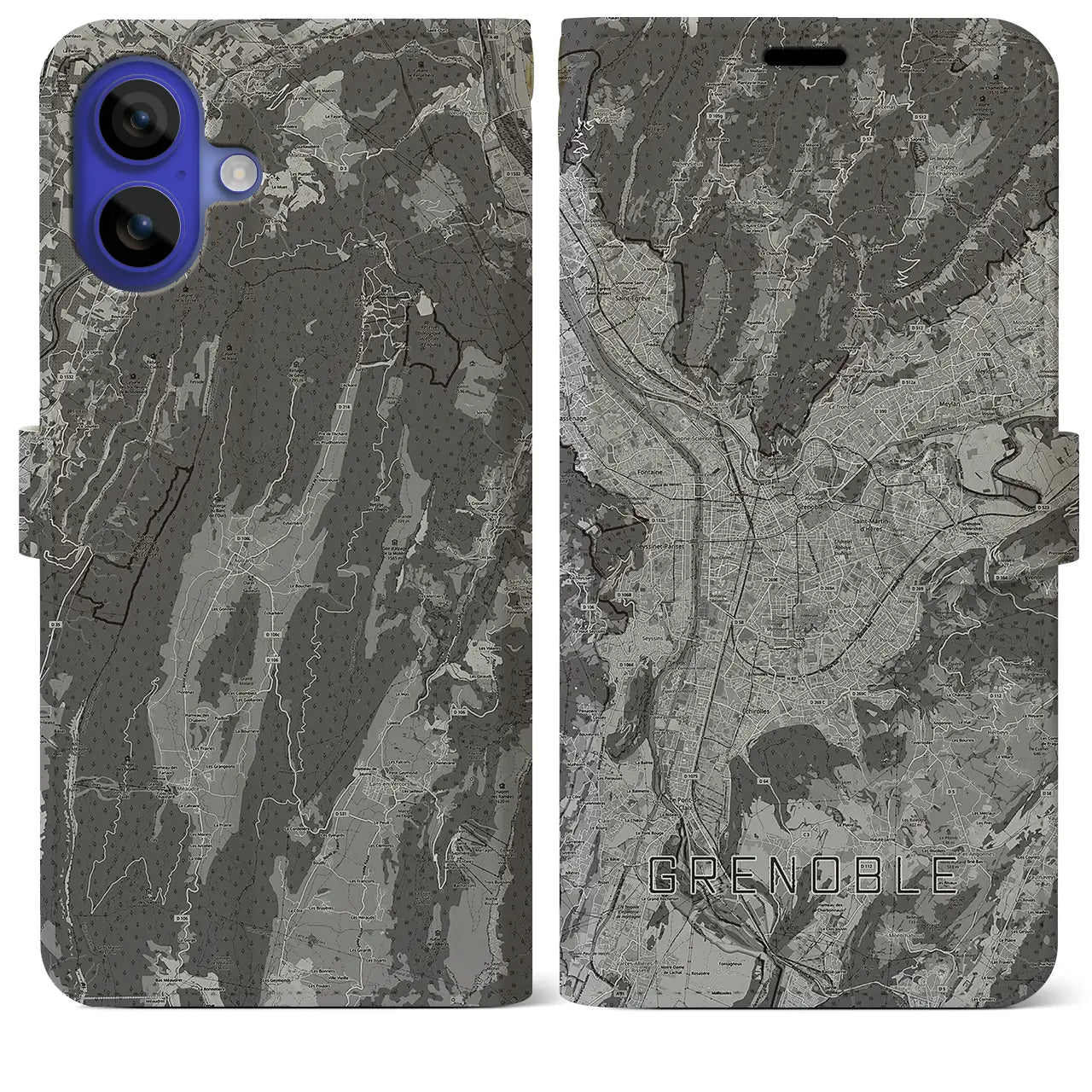 【グルノーブル(フランス)】地図柄iPhoneケース(手帳タイプ)モノトーン・iPhone 16 Pro Max 用