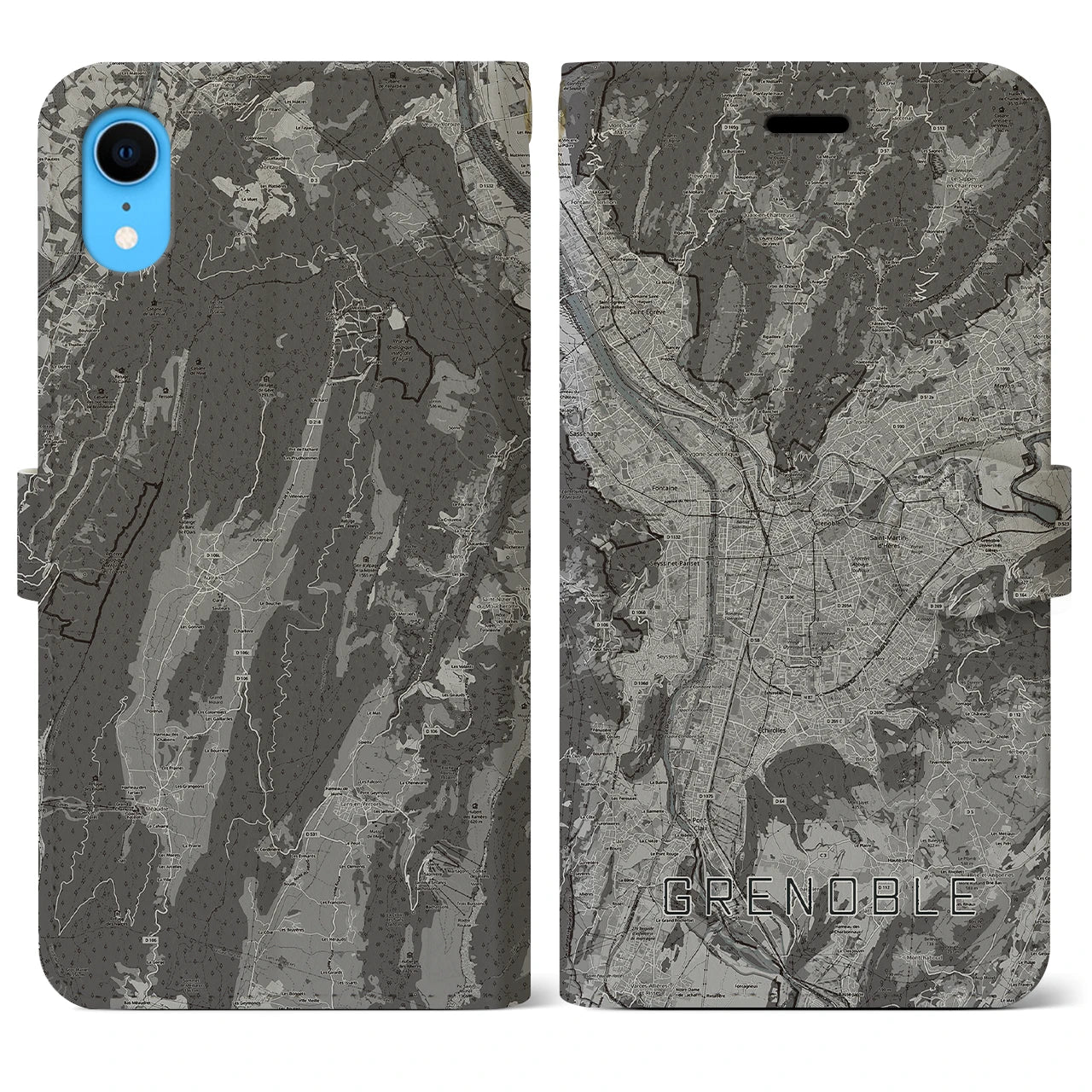 【グルノーブル(フランス)】地図柄iPhoneケース(手帳タイプ)モノトーン・iPhone XR 用