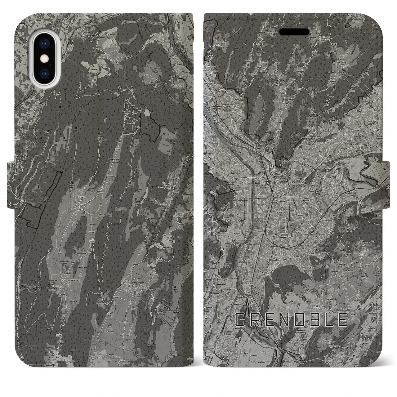 【グルノーブル(フランス)】地図柄iPhoneケース(手帳タイプ)モノトーン・iPhone XS Max 用