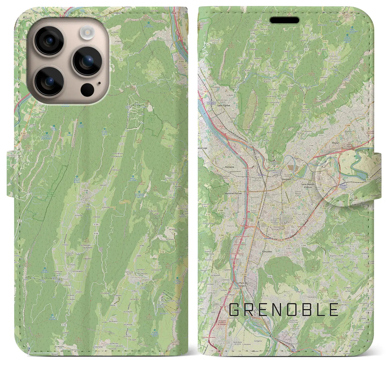 【グルノーブル(フランス)】地図柄iPhoneケース(手帳タイプ)ナチュラル・iPhone 16 Plus 用