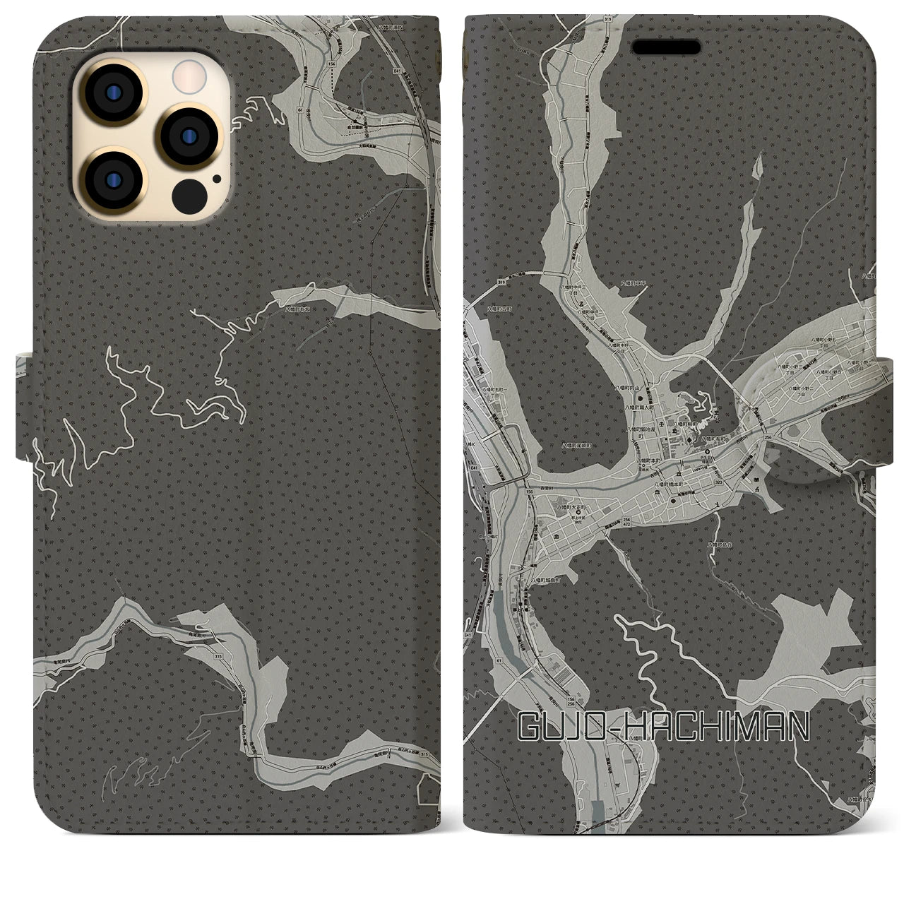 【郡上八幡(岐阜県)】地図柄iPhoneケース(手帳タイプ)モノトーン・iPhone 12 Pro Max 用