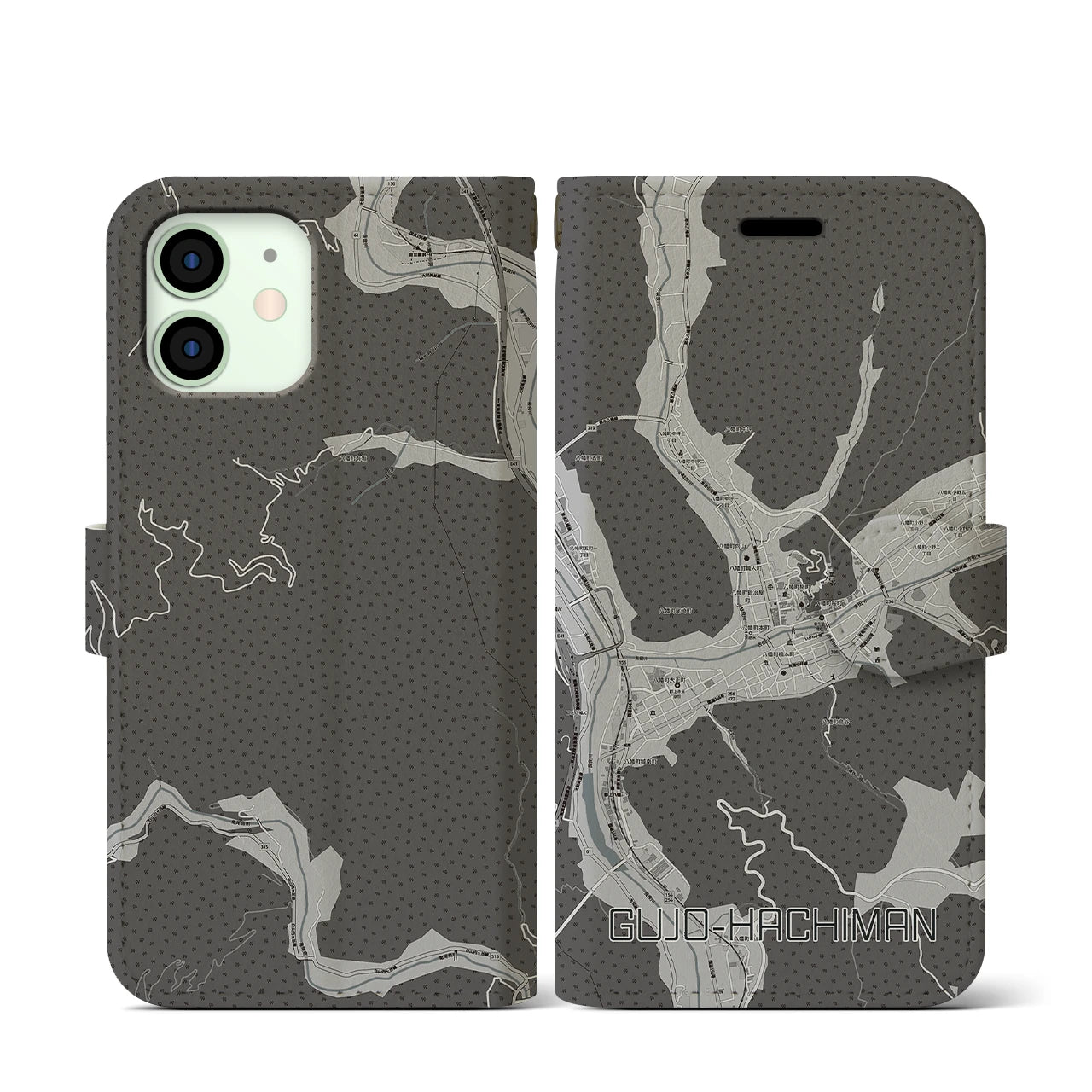 【郡上八幡(岐阜県)】地図柄iPhoneケース(手帳タイプ)モノトーン・iPhone 12 mini 用