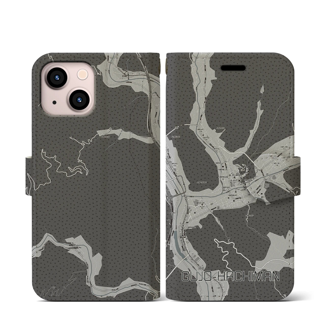 【郡上八幡(岐阜県)】地図柄iPhoneケース(手帳タイプ)モノトーン・iPhone 13 mini 用