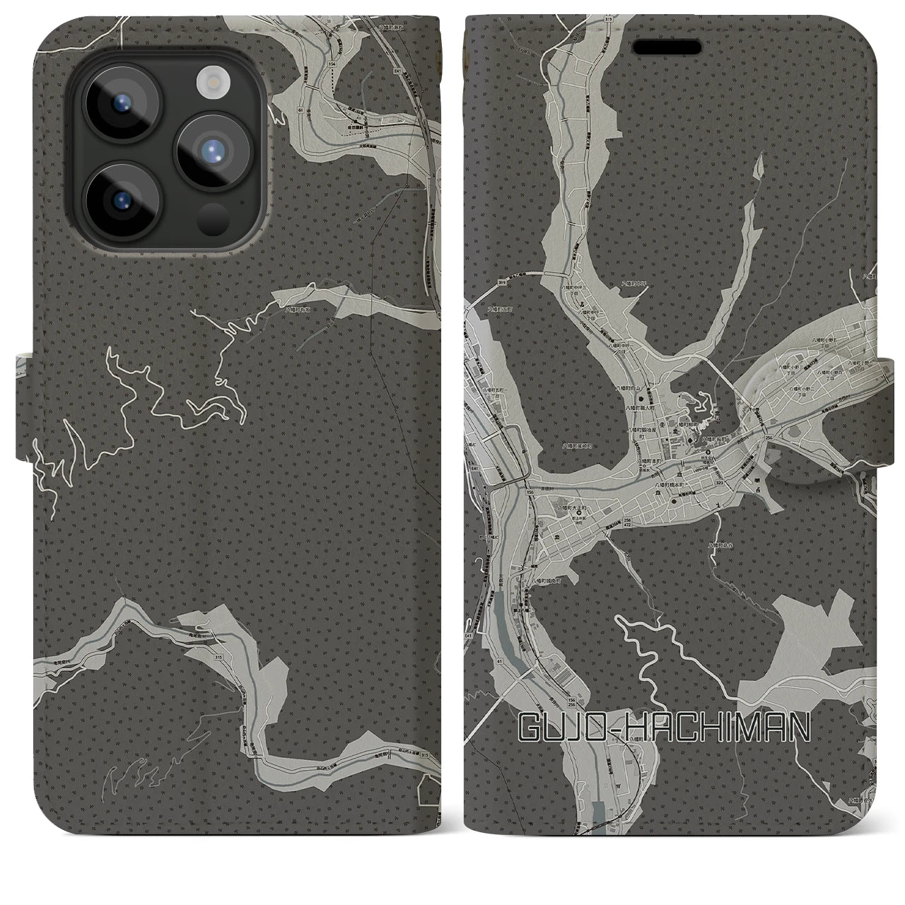 【郡上八幡(岐阜県)】地図柄iPhoneケース(手帳タイプ)モノトーン・iPhone 15 Pro Max 用