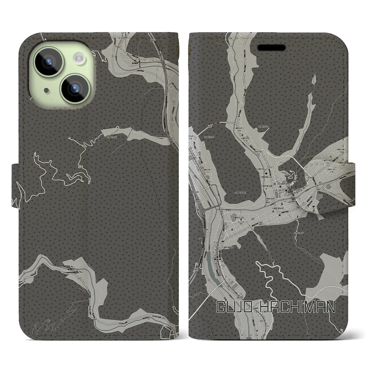 【郡上八幡(岐阜県)】地図柄iPhoneケース(手帳タイプ)モノトーン・iPhone 15 用