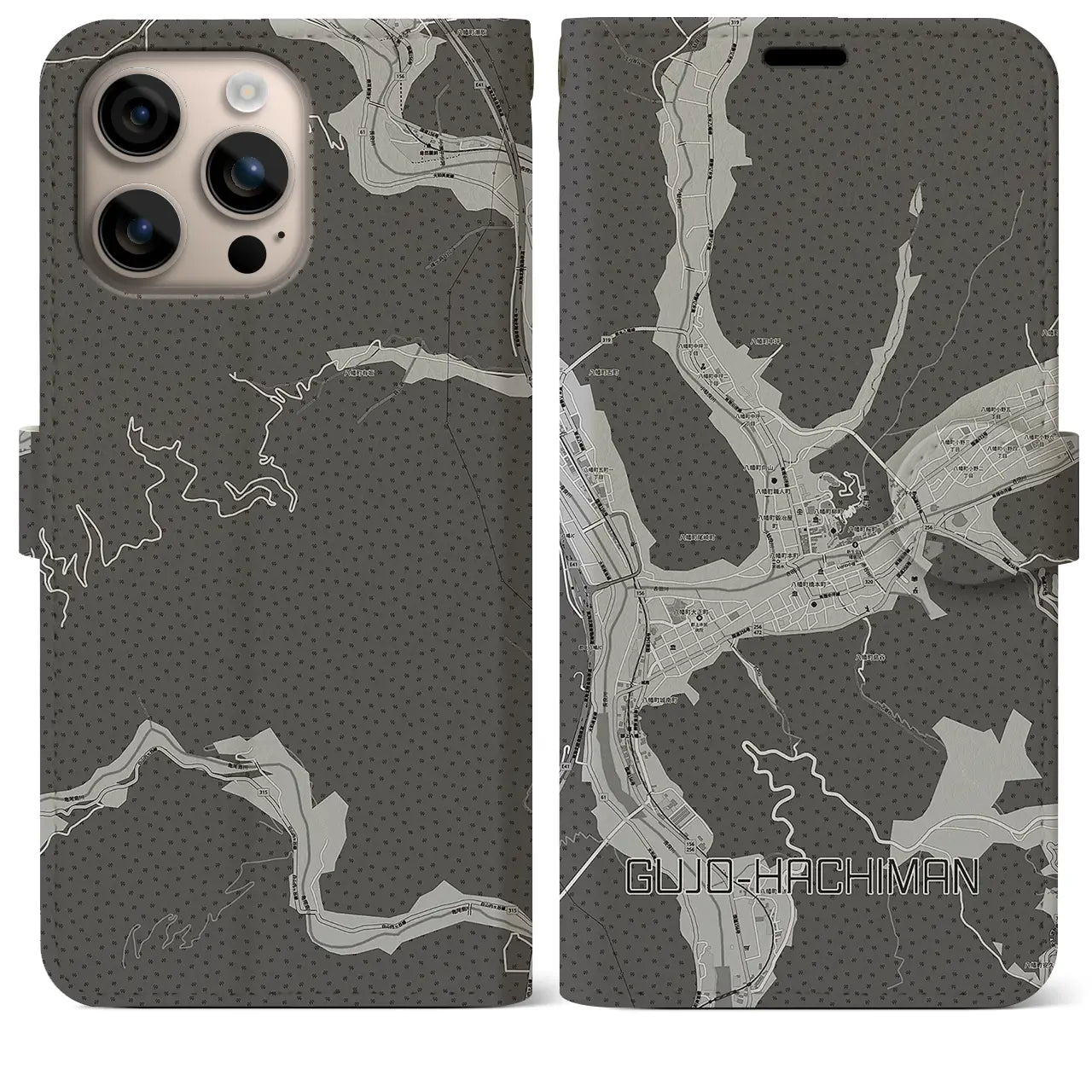 【郡上八幡(岐阜県)】地図柄iPhoneケース(手帳タイプ)モノトーン・iPhone 16 Plus 用