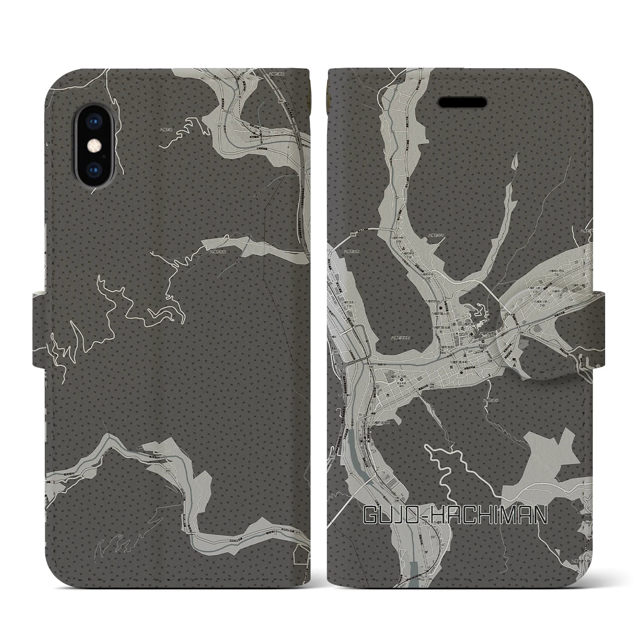【郡上八幡(岐阜県)】地図柄iPhoneケース(手帳タイプ)モノトーン・iPhone XS / X 用
