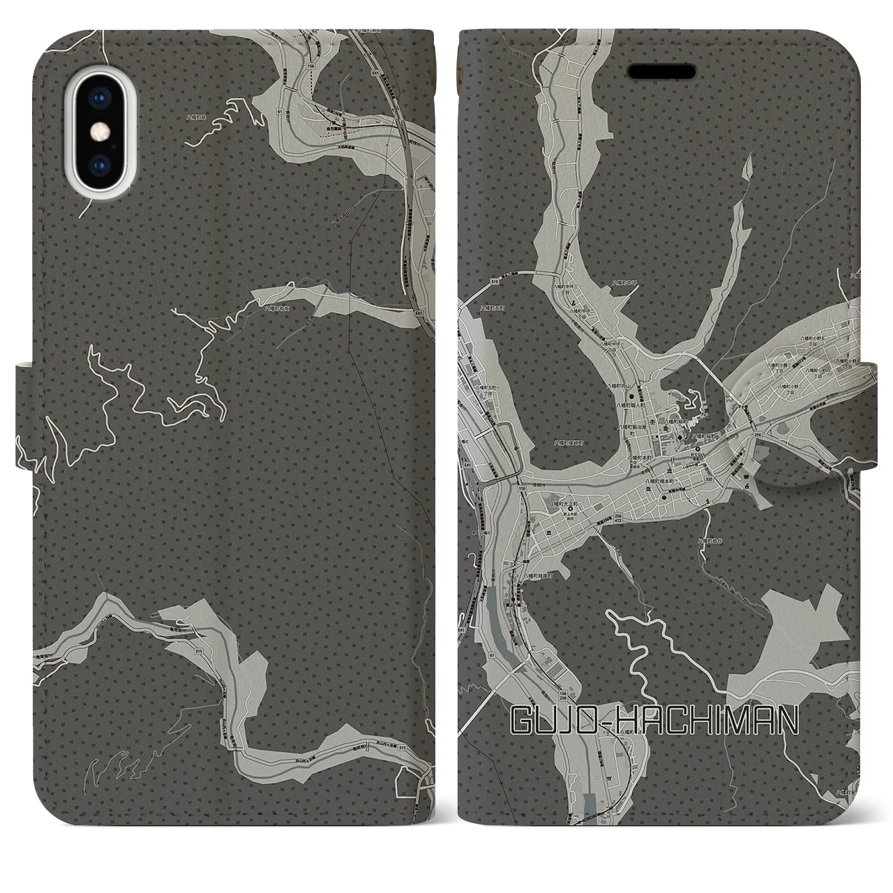 【郡上八幡(岐阜県)】地図柄iPhoneケース(手帳タイプ)モノトーン・iPhone XS Max 用