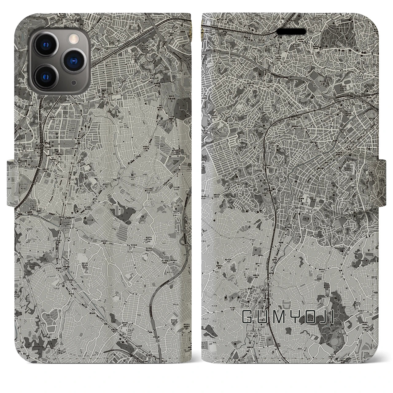 【弘明寺(神奈川県)】地図柄iPhoneケース(手帳タイプ)モノトーン・iPhone 11 Pro Max 用