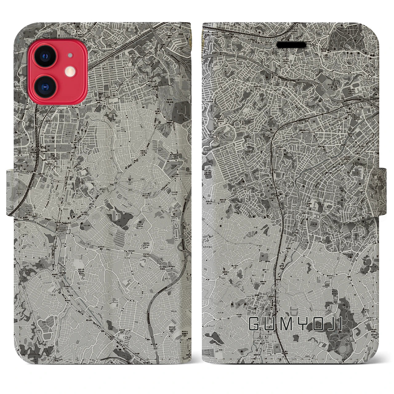 【弘明寺(神奈川県)】地図柄iPhoneケース(手帳タイプ)モノトーン・iPhone 11 用